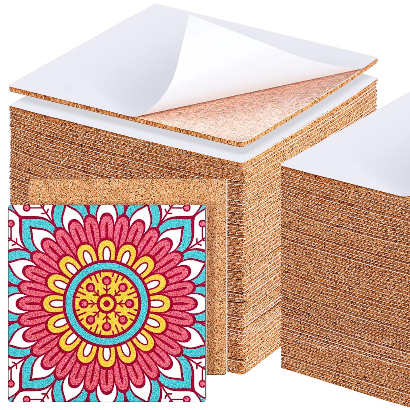 60 Pieces Self Adhesive Cork Squares 6&#x22; x 6&#x22; Cork Backing Sheets for DIY Ceramic Tiles, Concrete Coasters Cork Board Squares, Cork Mat, Mini Wall Cork Board, 2 mm Thick