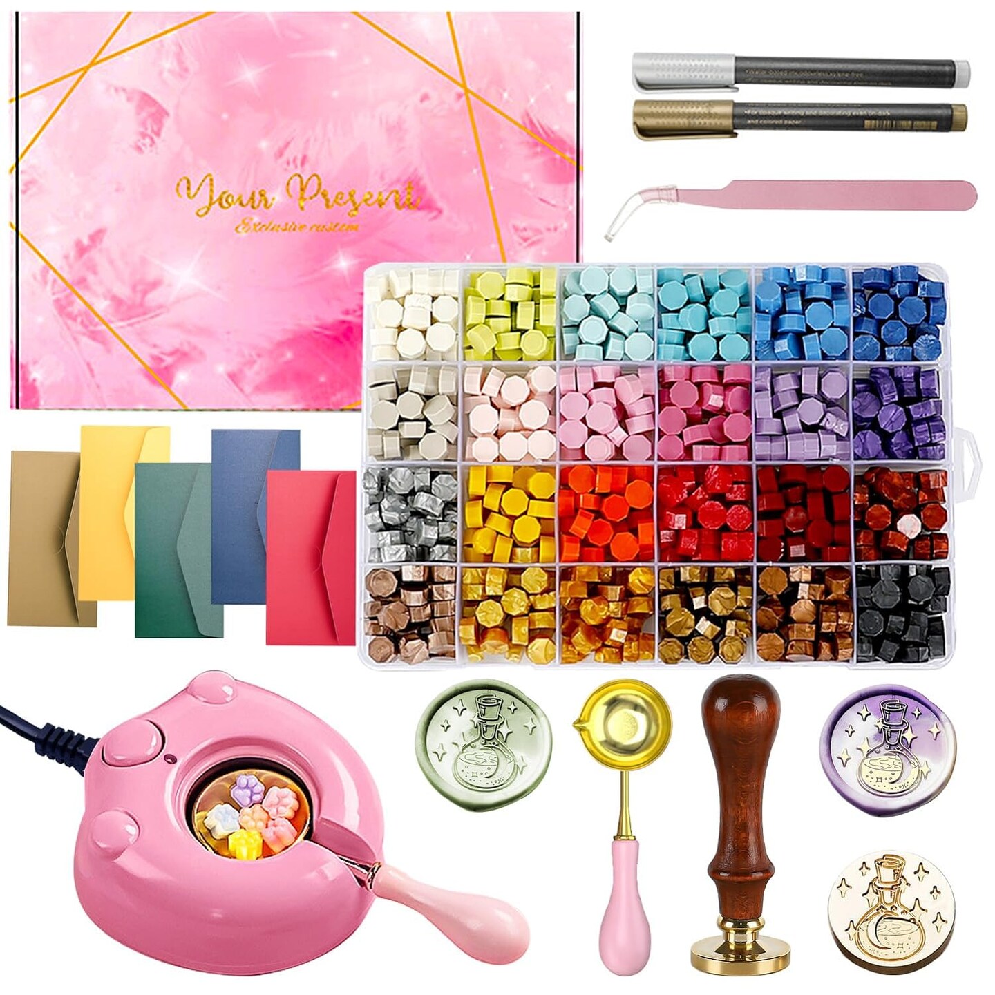 Electric Wax Seal Stamp Kit with Pink Gift Box, Wax Seal Warmer, 624 Pcs Wax Seal Beads, Wax Seal Stamp, Wax Spoon, Wax Seal Pens, Envelopes, Tweezers, Gift for Kids Girls Crafter DIY