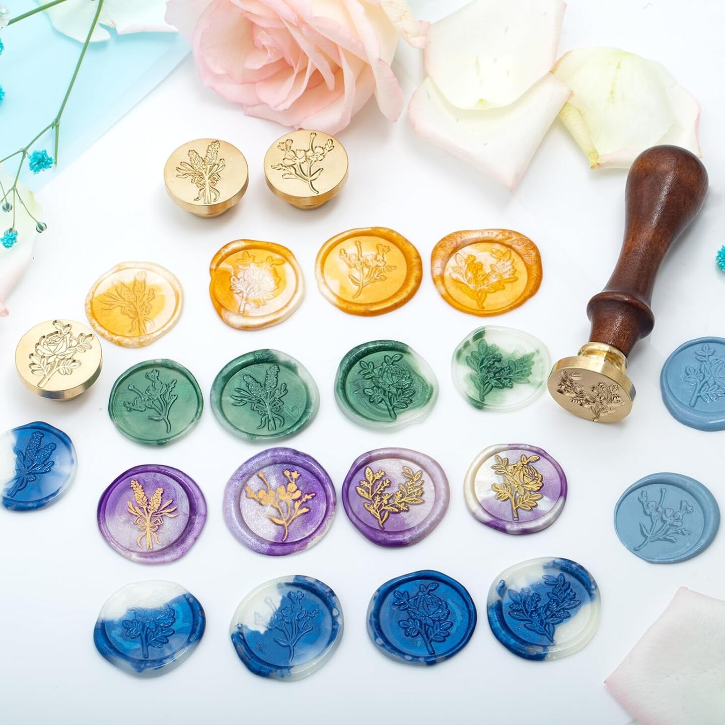 Flower and Plant Wax Seal Stamp Set, Botanical Sealing Stamper Kit, Romantic Rose Elegant Lavender Eucalyptus Leaf Cosmos Floral Pattern Brass Head for Wedding Invitation Card Envelope Planner Journal