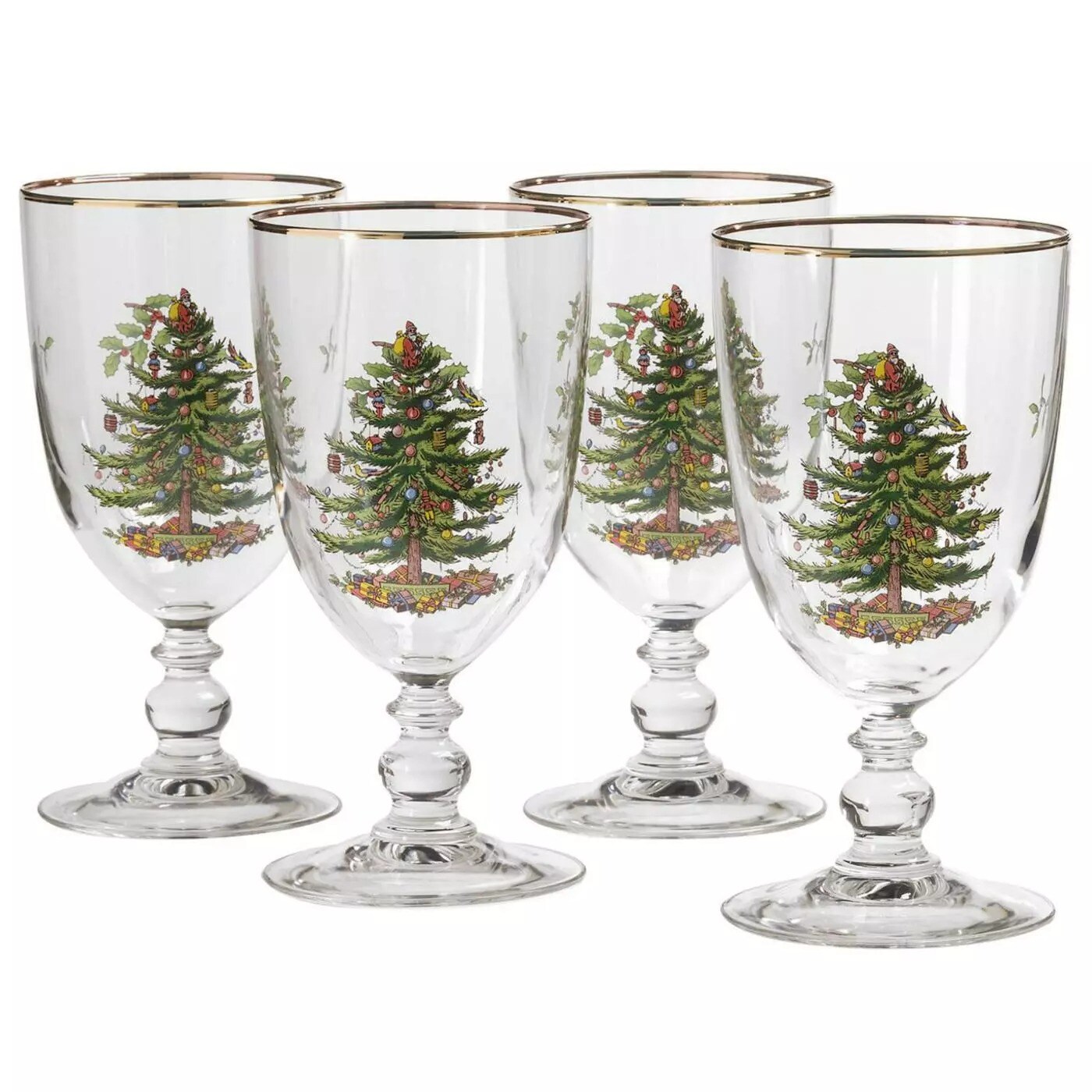 Spode Christmas Tree 16 Ounces Pedestal Goblets with Gold Rims, Set of 4