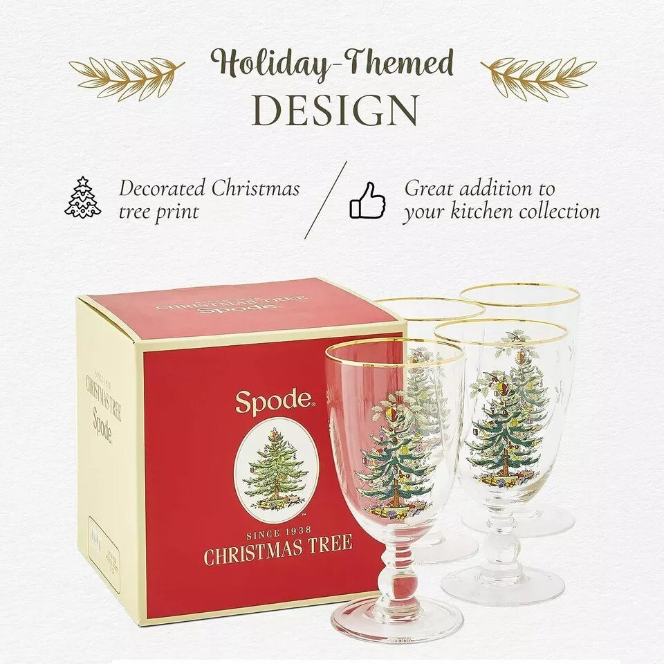 Spode Christmas Tree 16 Ounces Pedestal Goblets with Gold Rims, Set of 4