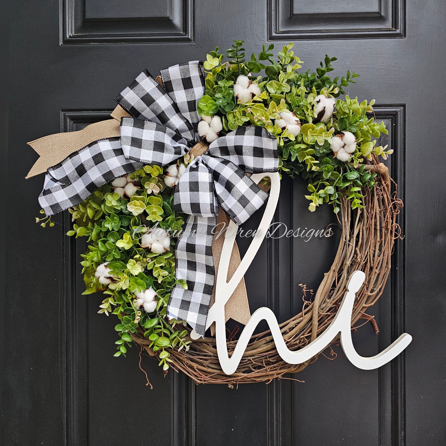 Spring/Summer Front Door Monogram Wreath, Floral, Buffalo hot Check, Farmhouse everyday, grapevine eucalyptus wreath, Boho style, Door Decor