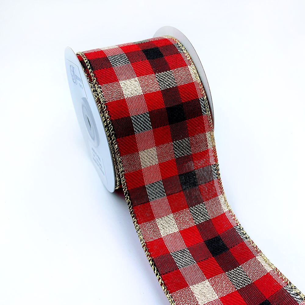 Designer's Shop Holiday Plaid wired edge ribbons with gold edges, 2.5