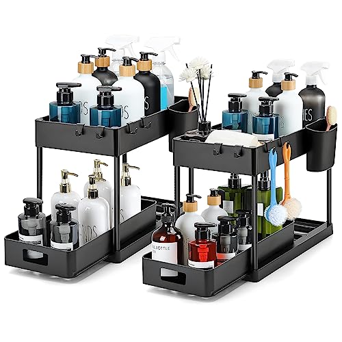 2 Pack Pull Out Under Sink Organizer 2 Tier Multi Purpose  For Bathroom Kitchen Sink Storage Organizer With Hook & Hanging Cup Matte Black Sliding Cabinet Organizer