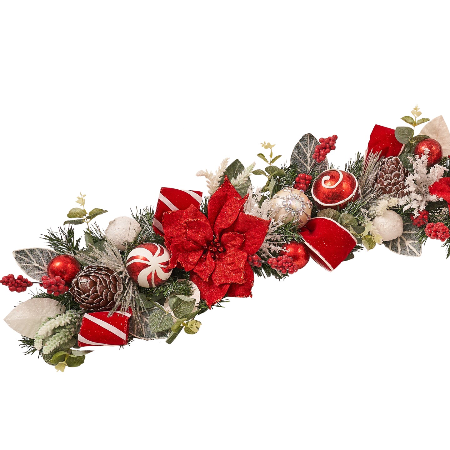 Red, Gold, Blue, Green Poinsettia, Magnolia Garland (Unlit)