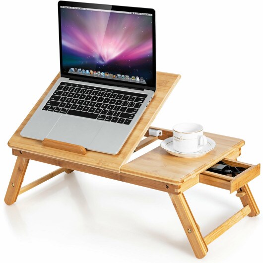Wicker Laptop Lap Tray with Adjustable Legs and Tilting Heat-dissipation Top- Natural