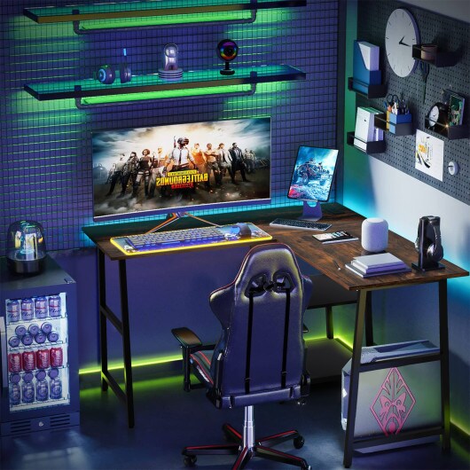 L Shaped Corner Computer Desk with Storage Shelves and Heavy Duty Metal Frame