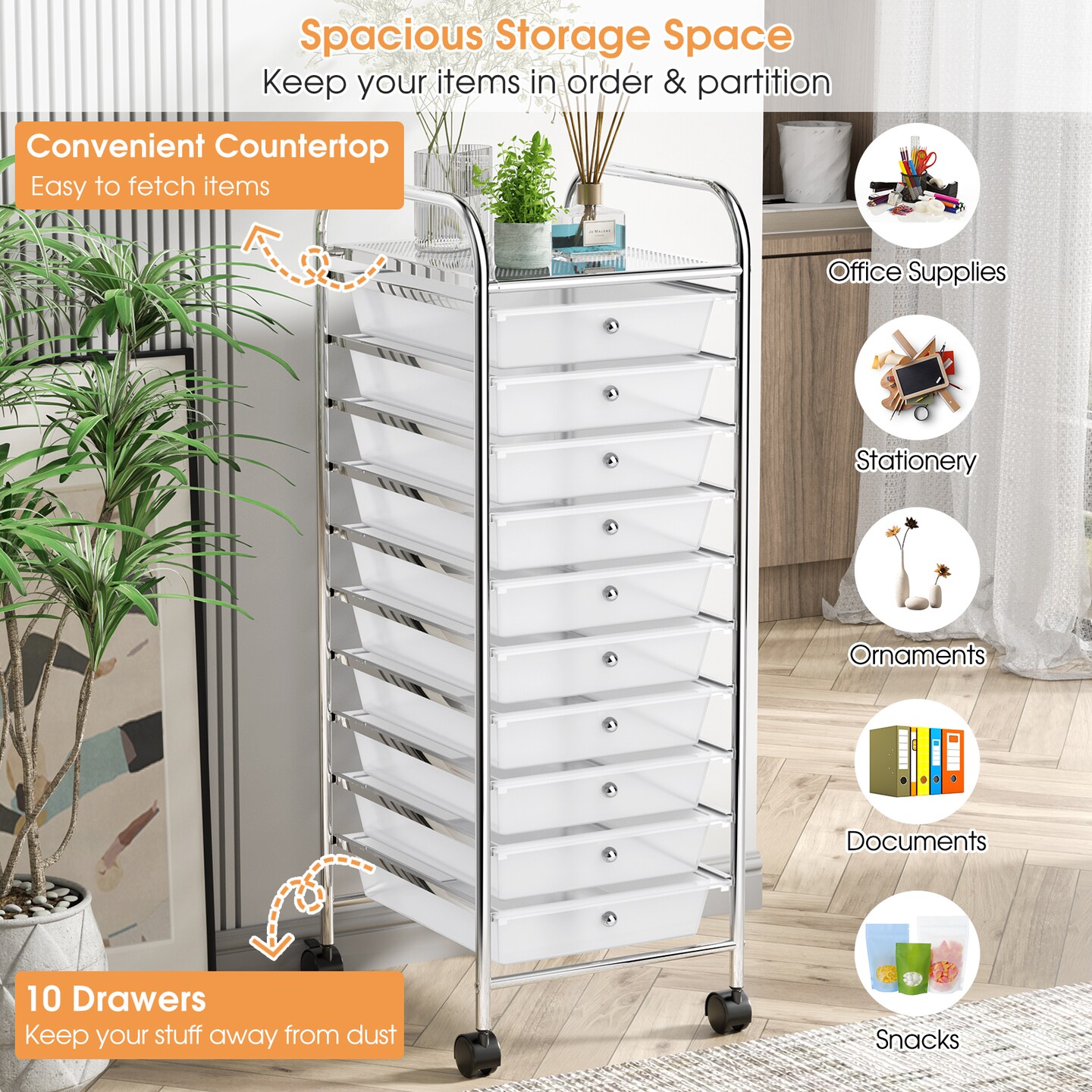 10 Drawer Rolling Storage Cart Organizer with 2 Lockable Casters