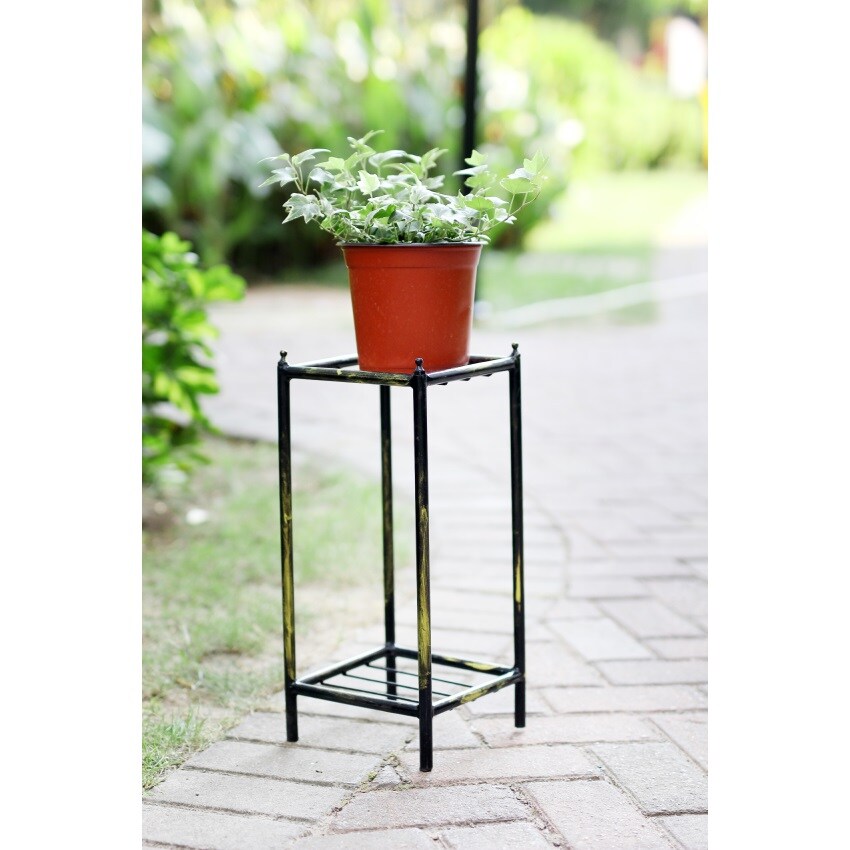 17" Gray Stone Slab 2 Tier Small Square Cast-Iron Plant Stand