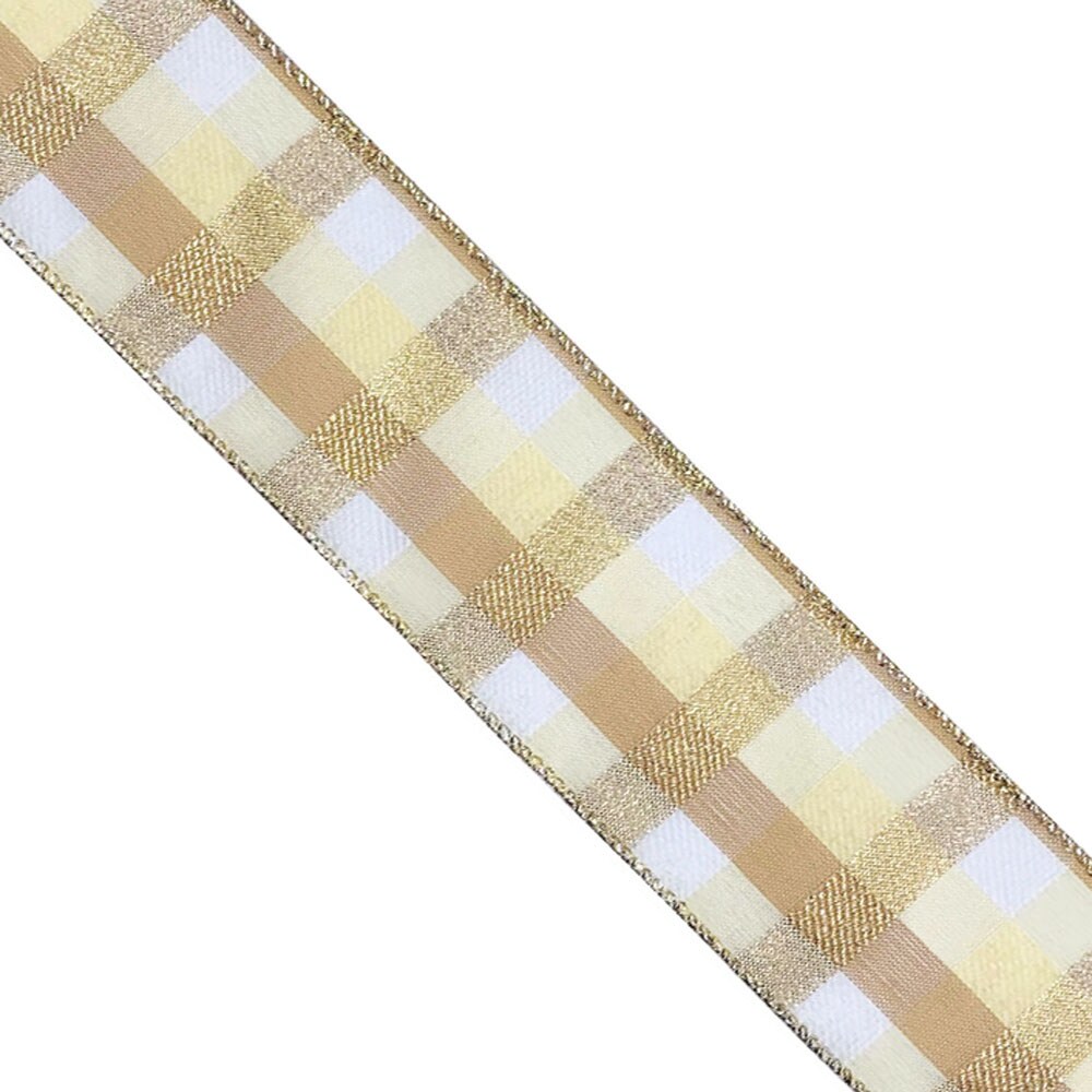 Designer&#x27;s Shop Holiday Plaid wired edge ribbons with gold edges, 2.5&#x22; x 10 yards