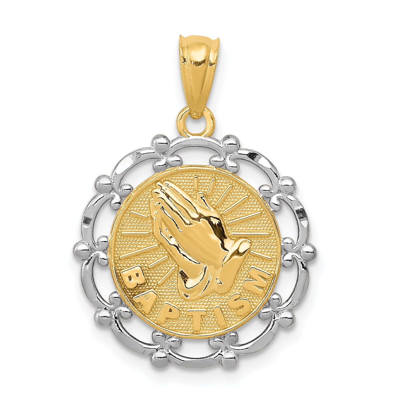 14K Two Tone Gold Baptism Pendant Charm Religious Jewelry 18 x 16 mm
