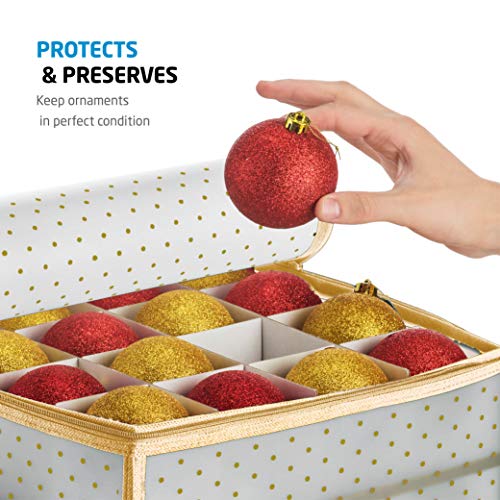 Plastic Christmas Ornament Storage Box with 2 Sided Dual Zipper Closure -  Keeps 64 Holiday Ornaments, Xmas Decorations Accessories, 3 Cube  Compartments - Sturdy Flexible Plastic (Gold)