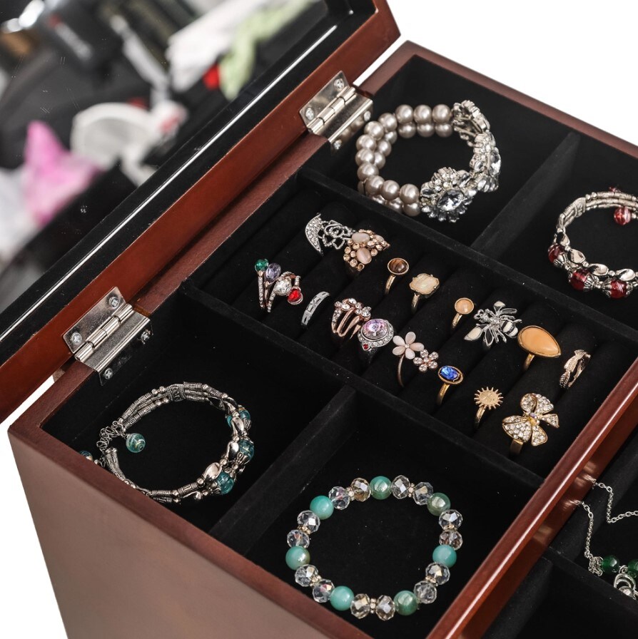 InQ Boutique Large Wooden Jewelry Necklace Ring Box Organizer Storage 6 Layers Mirror Gift