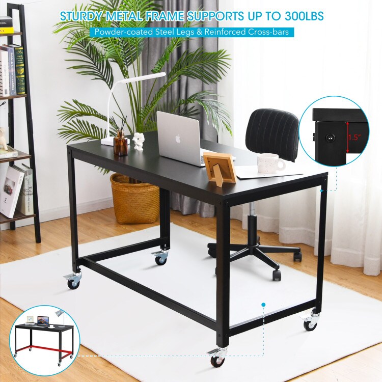 Wood Top Metal Frame Rolling Computer Desk Laptop Table-Black