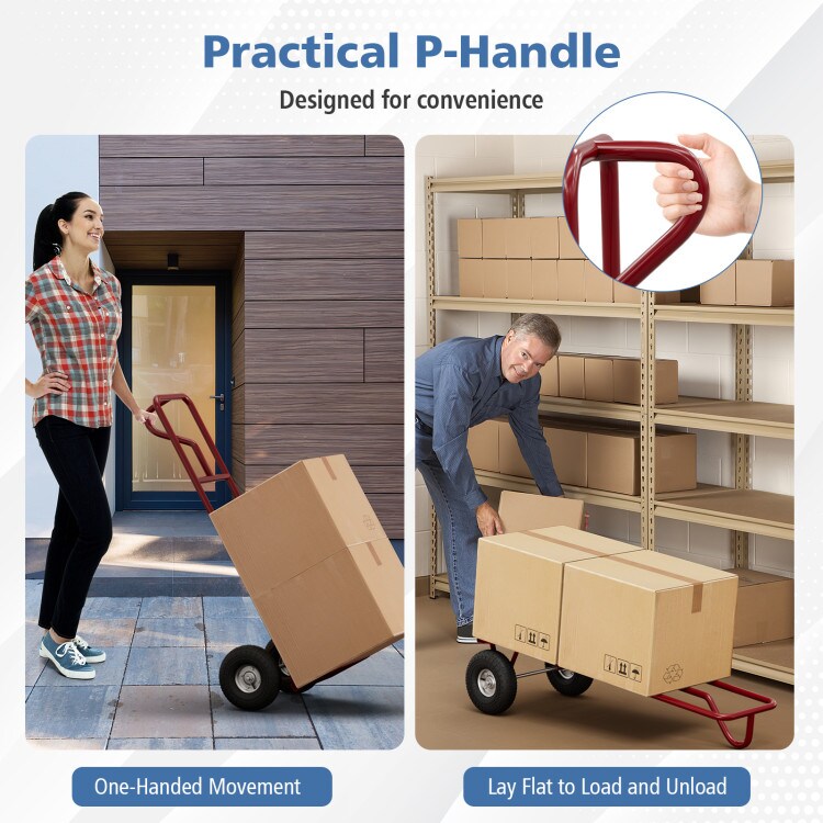 P-Handle Hand Truck with Foldable Load Plate for Warehouse Garage-Red