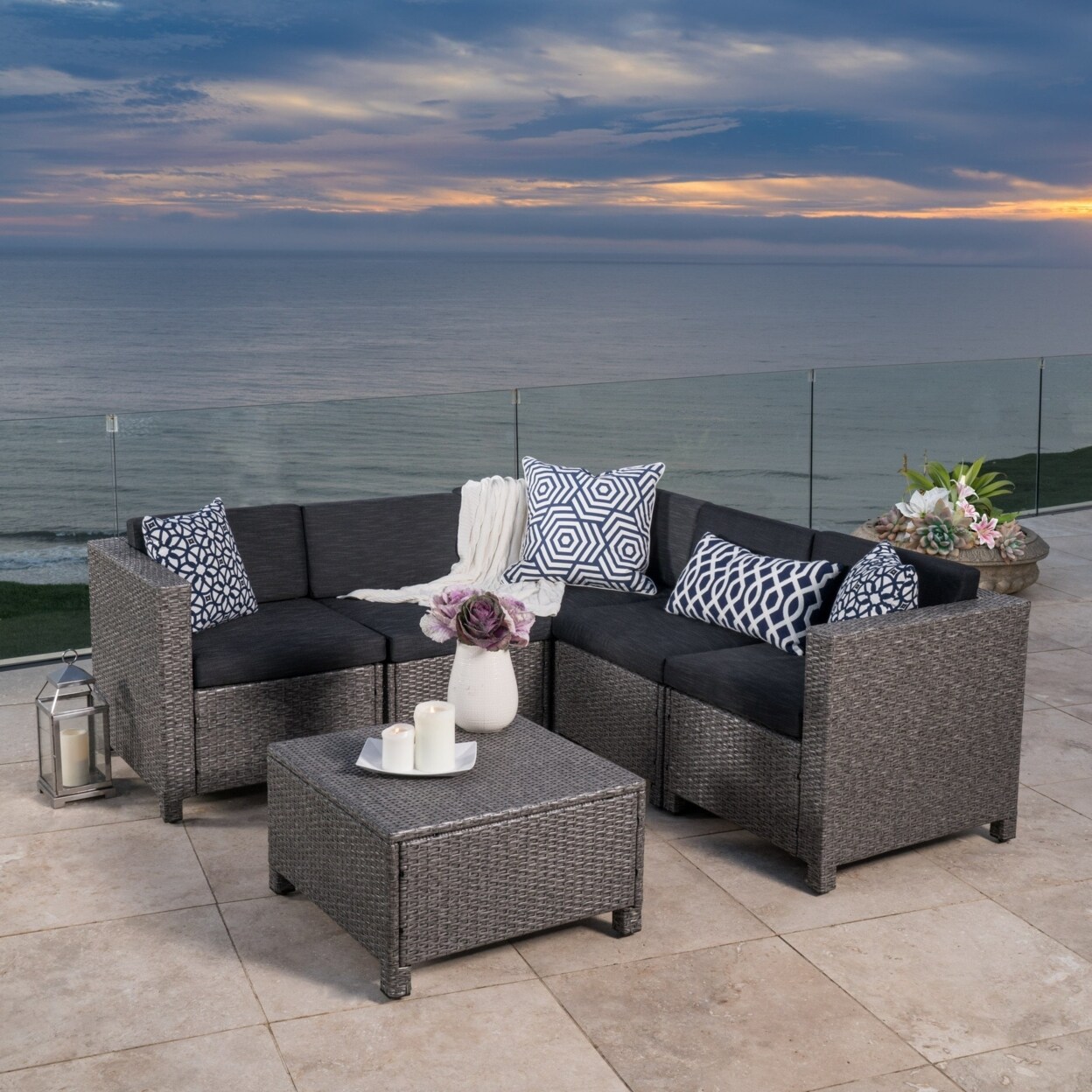 GDFStudio Valona Outdoor Wicker V Shaped Sectional Sofa Set