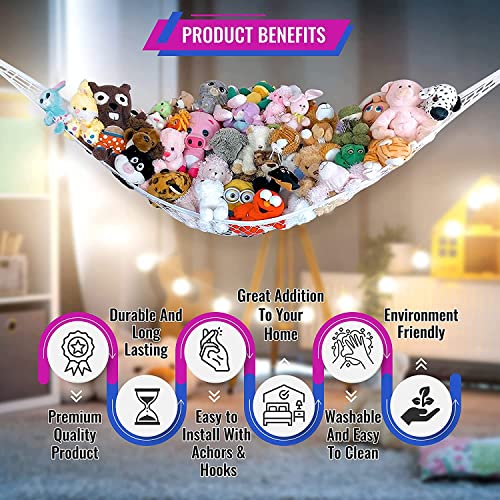 Large Stuffed Animal Net Hammock for Plushie Toys | Corner Hanging Organizer for your Teddy and Stuffy Collection | Easy to Hang w/Included Anchors & Hooks (White)