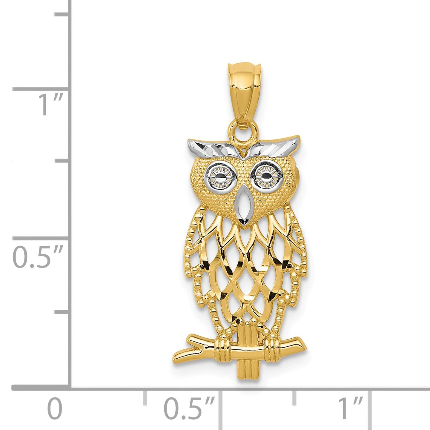 14K Two Tone Gold Diamond Cut Owl Pendant Charm Jewelry 23 x 11 mm