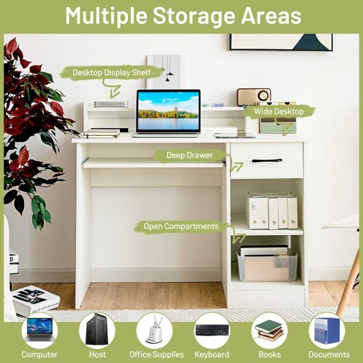 Modern Computer Desk with Large Drawer Pull-Out Keyboard Tray and Multi-Level Storage Shelf