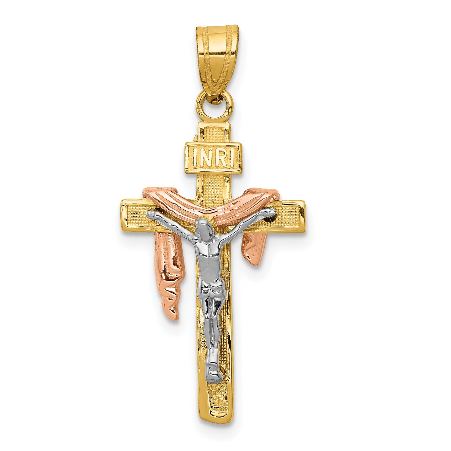 14K Tri-Color Gold Diamond Cut Inri Crucifix Pendant Charm Jewelry 39 x 18 mm