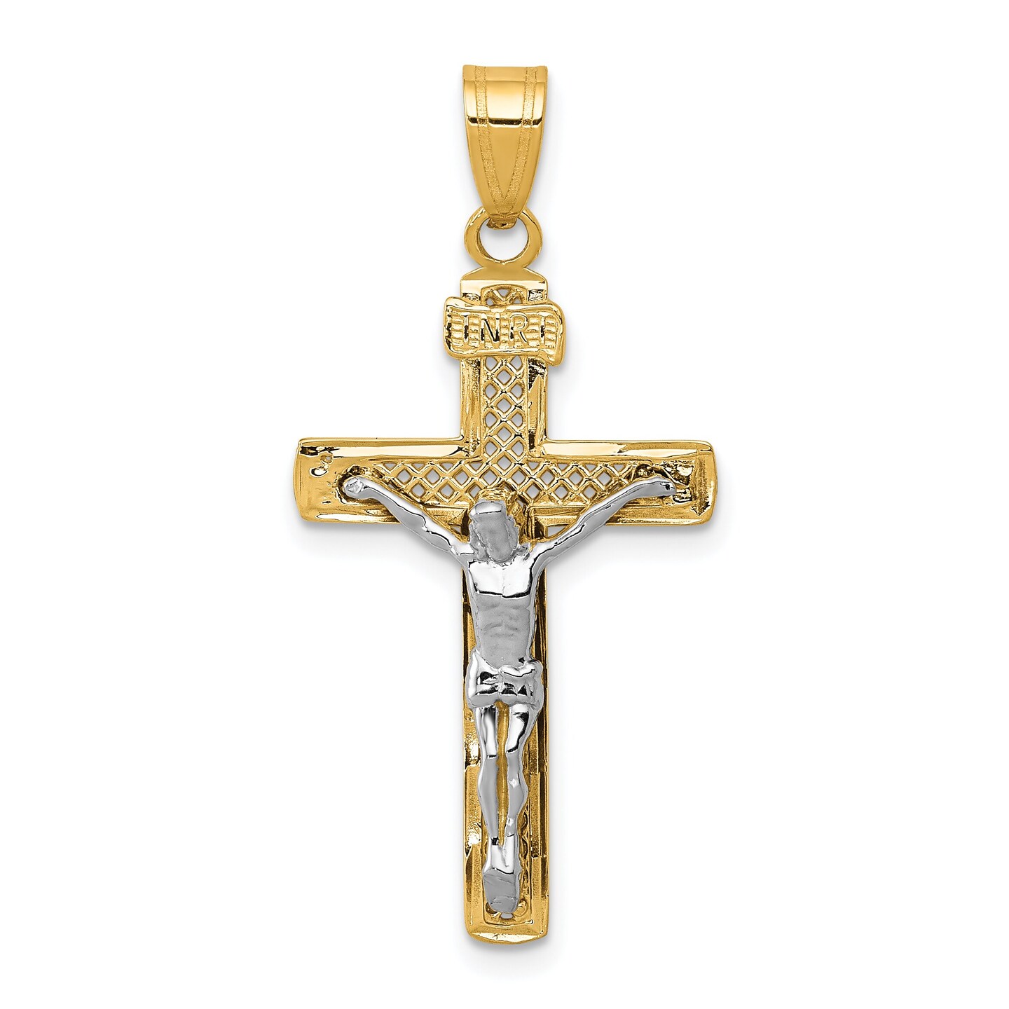 14K Two Tone Gold Diamond Cut Cross Crucifix Pendant Charm Jewelry 33 x 16 mm