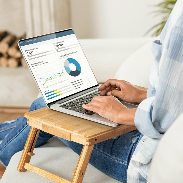 Wicker Laptop Lap Tray with Adjustable Legs and Tilting Heat-dissipation Top- Natural