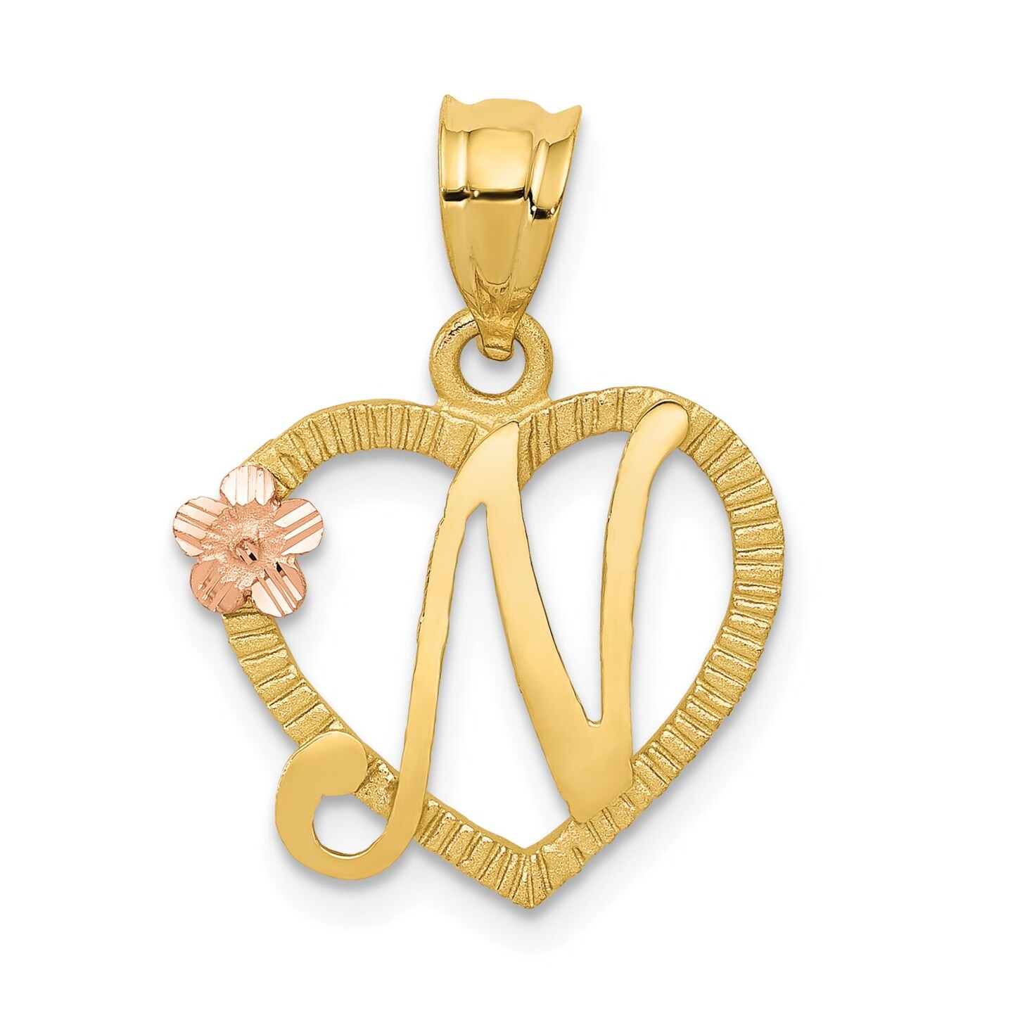 14K Two Tone Gold Initial Letter N Heart Charm Jewelry 22mm x 16mm