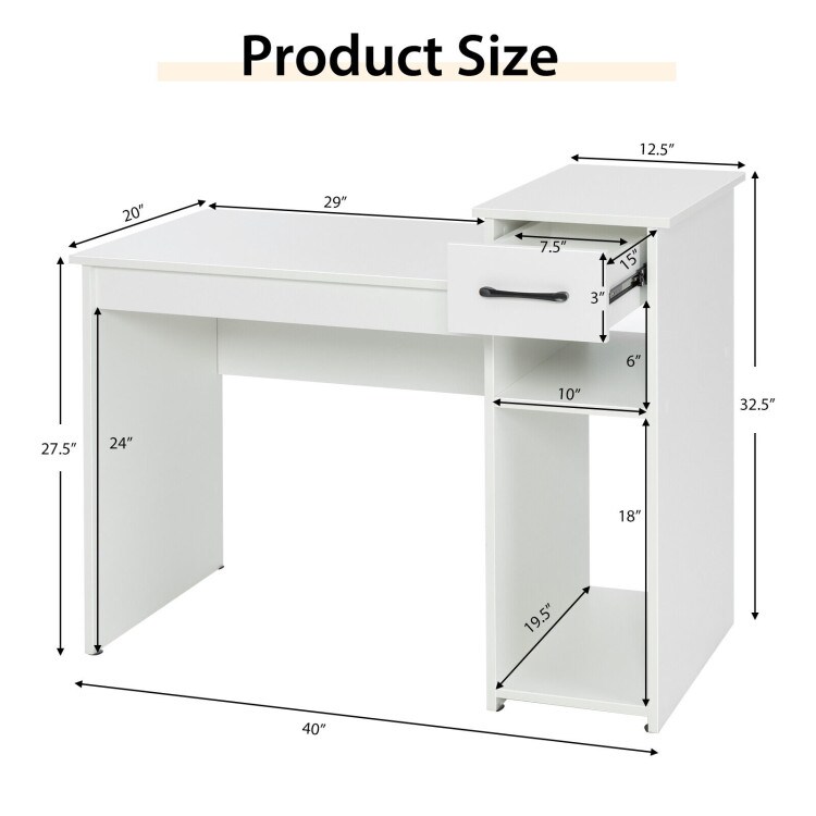 White Computer Desk PC Laptop Table with Drawer and 2-Tier Storage Shelf