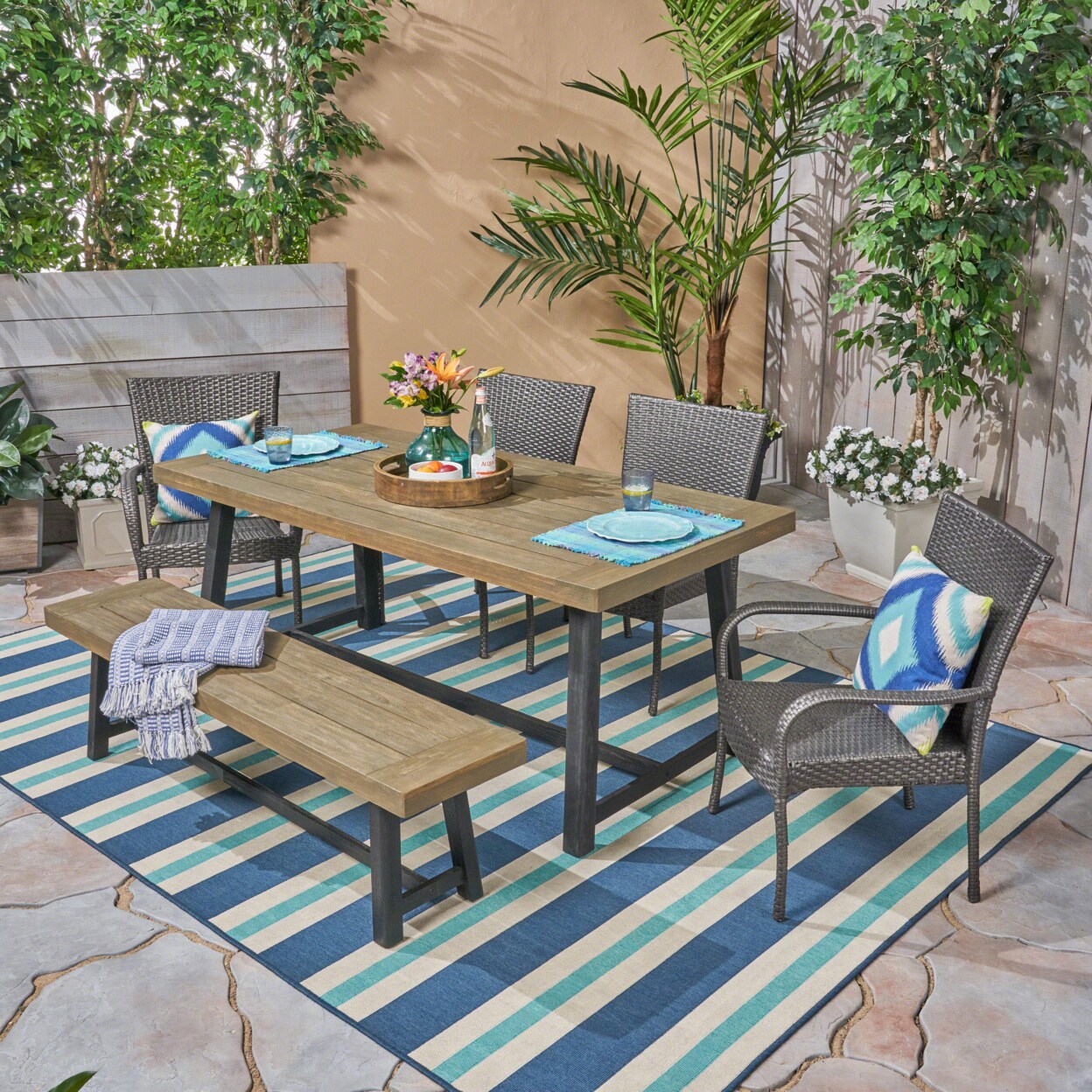 GDF Studio Jack Outdoor 6 Piece Dining Set with Stacking Wicker Chairs and Bench