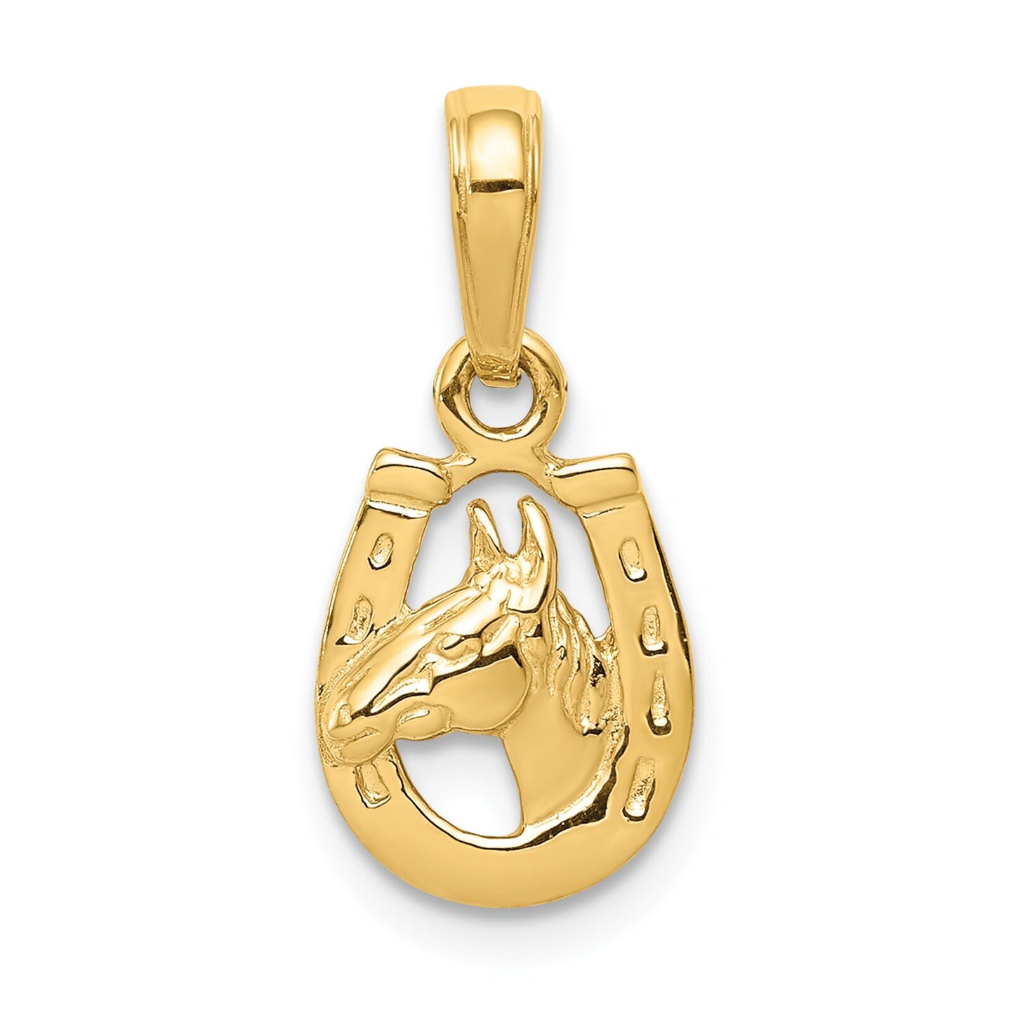 14K Gold Horseshoe With Horse Head Pendant Charm Jewelry 15 x 10 mm