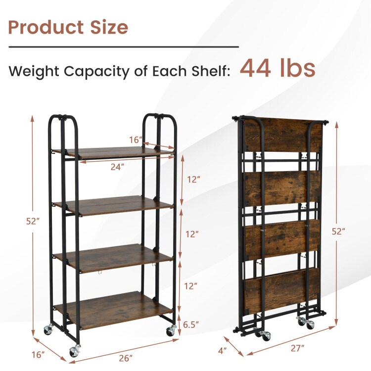 Rustic Brown Wooden Foldable Rolling Cart with Metal Frame and Storage Shelves Suitable to Any Room