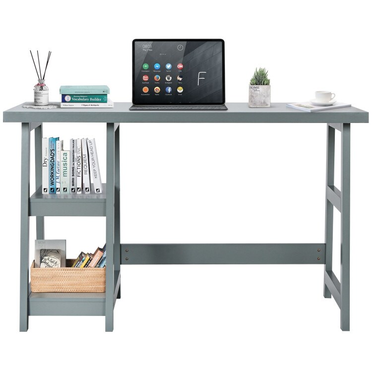 Wooden Trestle Computer Desk with 2-Tier Removable Shelves-Gray