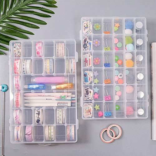 2 Pack 36 Grids Clear Plastic Organizer Box Container Craft Storage with Adjustable Dividers for Beads Organizer Art DIY Crafts Jewelry Fishing Tackles with 5 Sheets Label Stickers