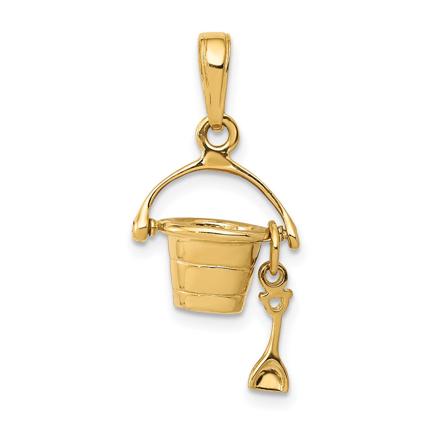 14K Yellow Gold 3D Beach Bucket &#x26; Shovel Charm Pendant Jewerly 21mm x 12mm