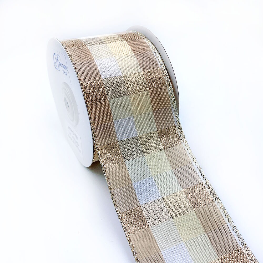 Designer&#x27;s Shop Holiday Plaid wired edge ribbons with gold edges, 2.5&#x22; x 10 yards