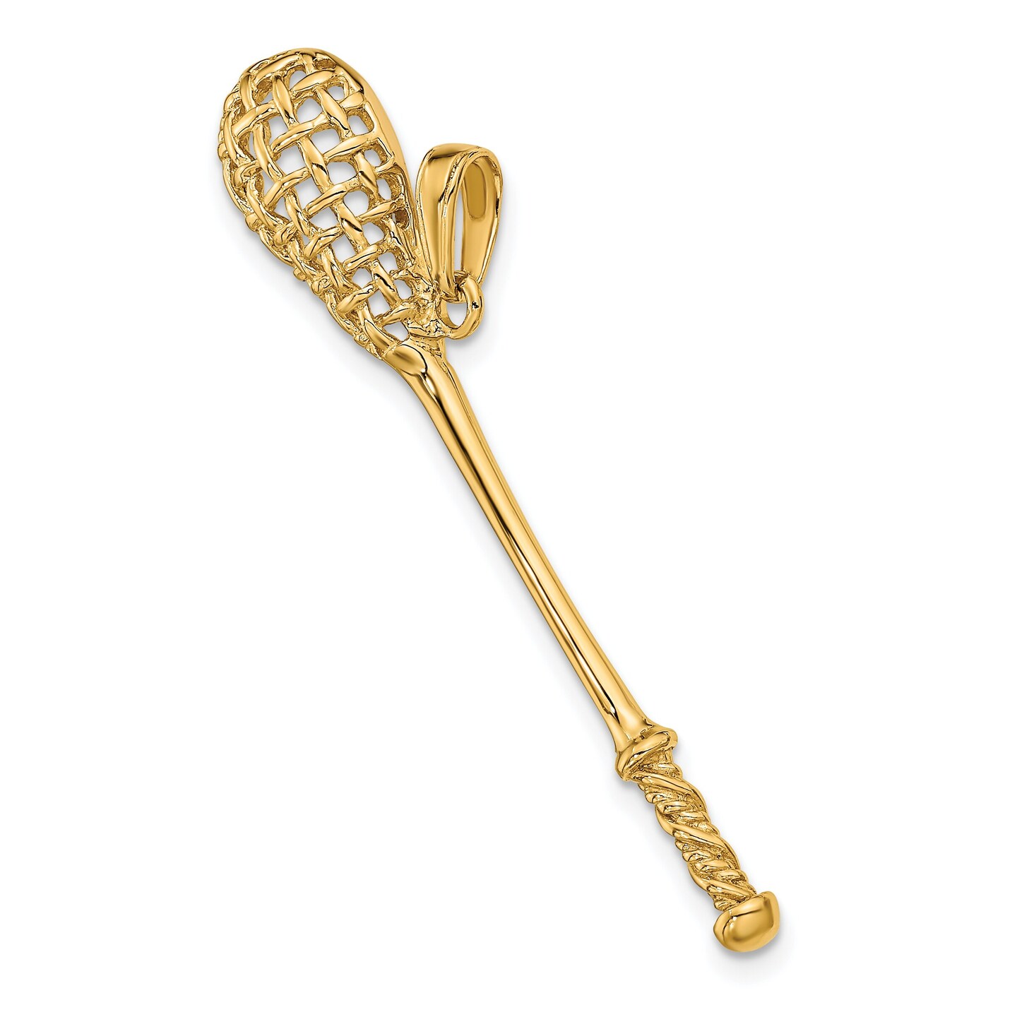 14K Yellow Gold 3D Lacrosse Stick Charm Sports Pendant Jewerly 35mm x 33mm