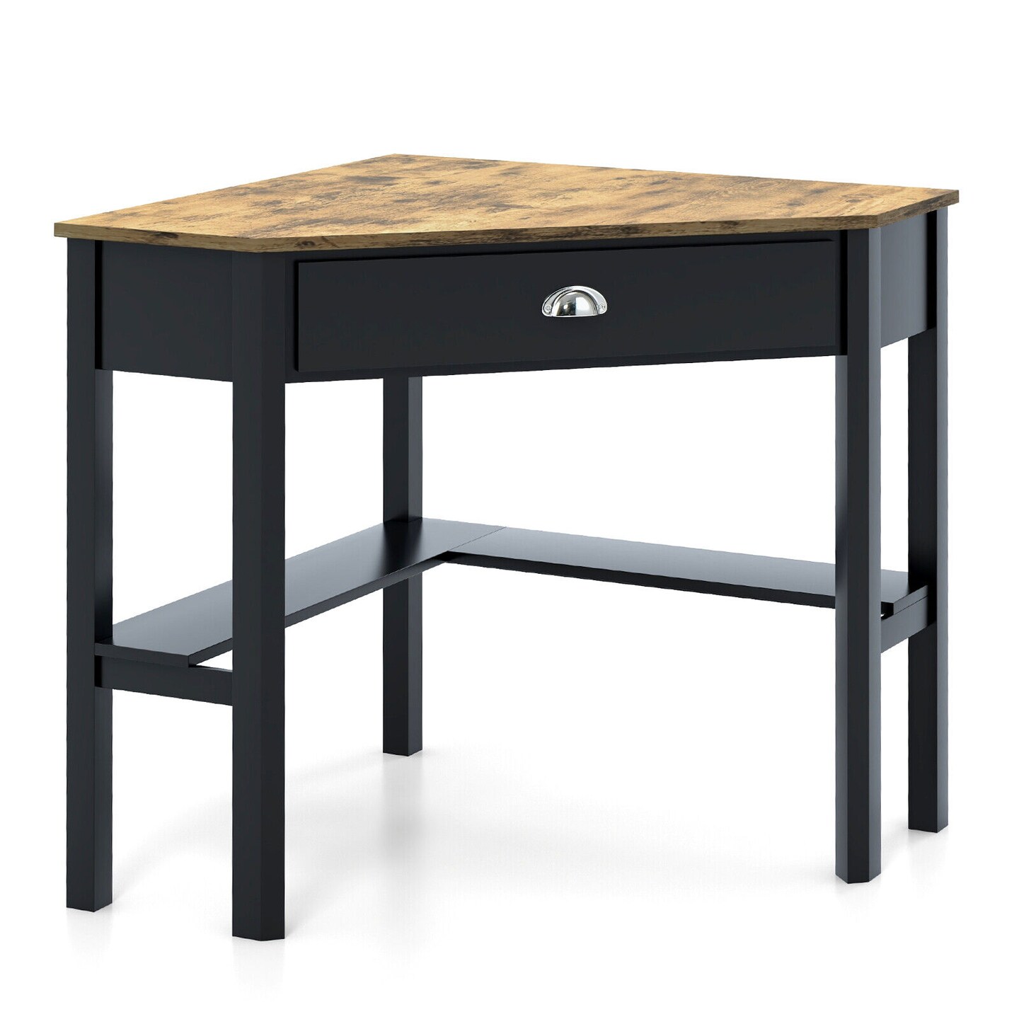 Wooden Corner Computer Desk with Big Storage Drawer and Two Open Shelves
