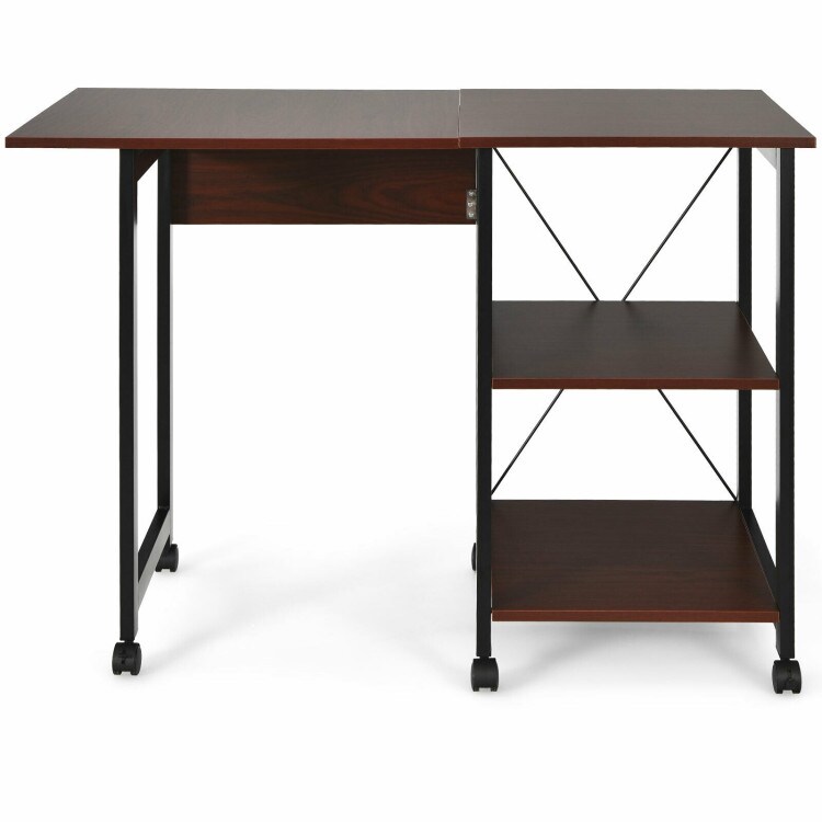 6 Universal Wheels Folding Computer Desk with 2-tier Open Storage Shelves