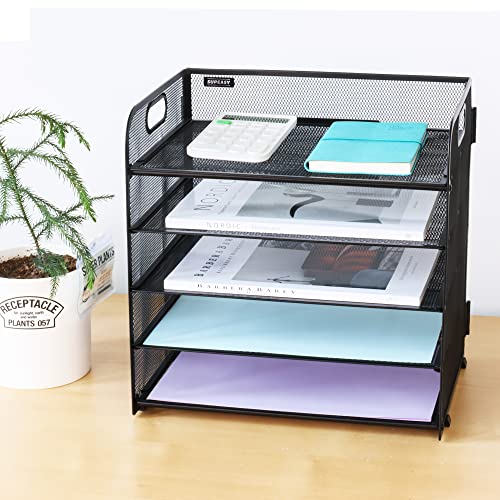 AUPSEN Desk Organizer Mesh Office Supplies Desk Accessories Features 5 Compartments + 1 Mini Sliding Drawer(Black)