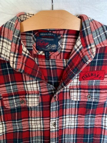 Upcycled reworked flannel shirt w/ shops custom patch 2 sided (front & back)