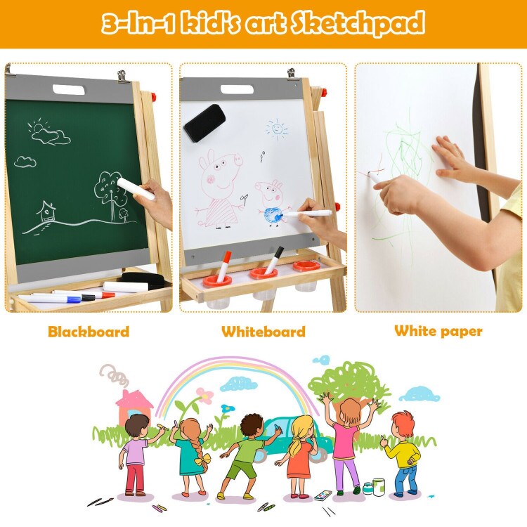 Kids Art Easel with Paper Roll Double Sided Chalkboard and Whiteboard