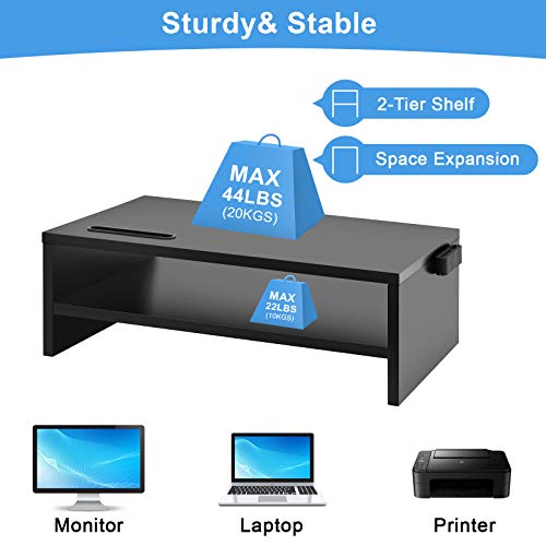 Monitor Stand Riser, 16.5 Inch 2 Tier Computer Monitor Stand, Printer Shelf Stand for Laptop Computer Screen Storage, Desktop Stand with Phone Holder and Cable Management Black
