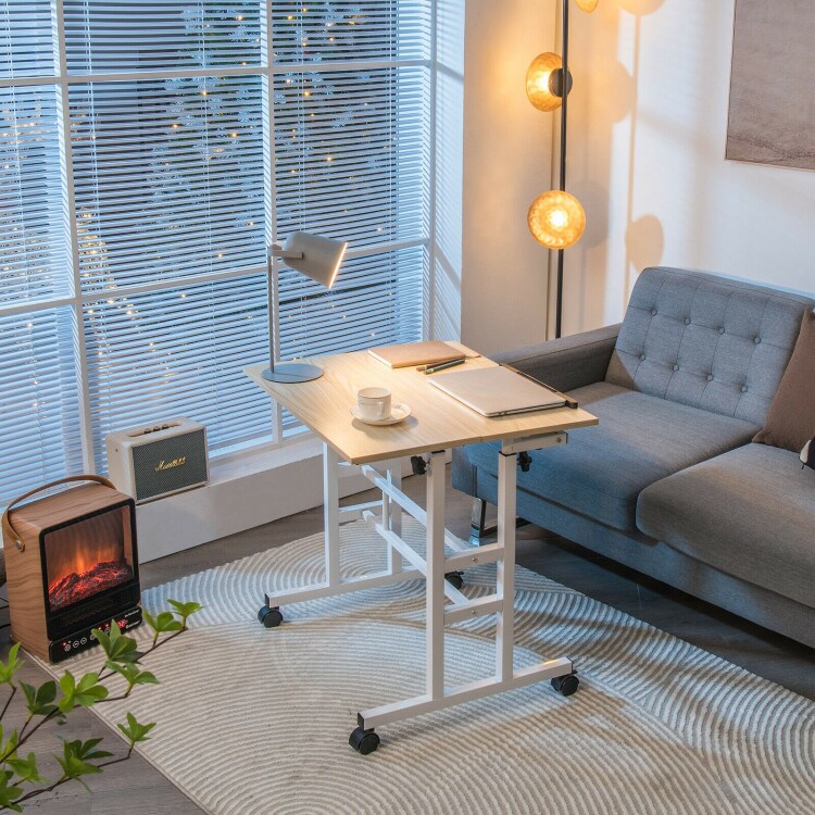 Height Adjustable Computer Desk with 2 Tilting Workstation and 4 Smooth Rolling Lockable Casters