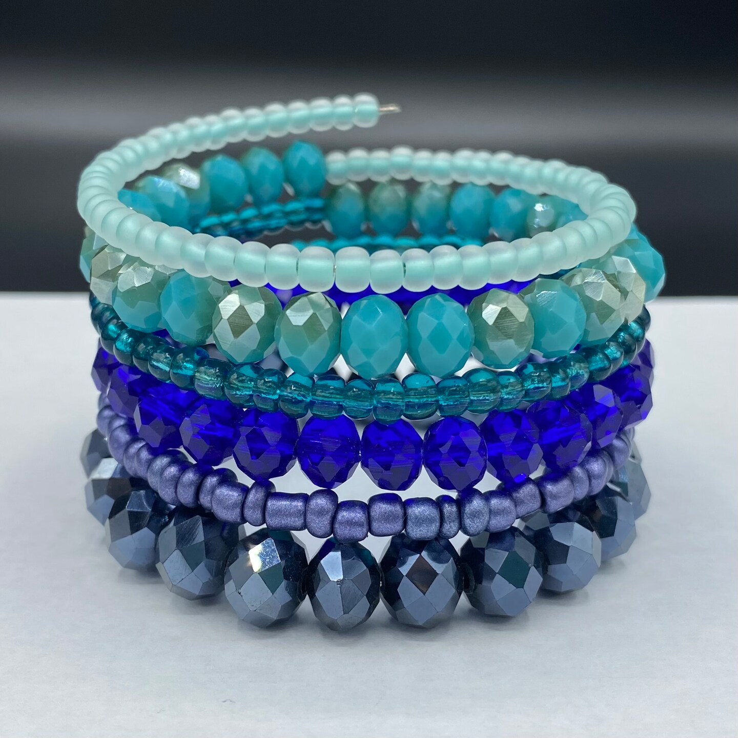 Blue Memory Wire Bracelet, Petite Wrapped Charm Bracelet, Brown