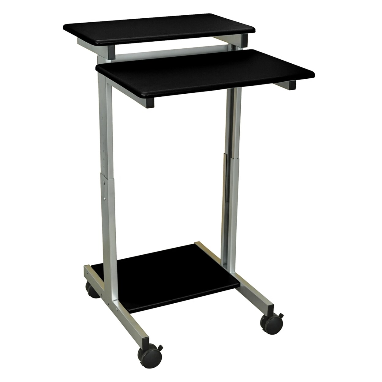 Offex   Mobile Stand-Up Computer Presentation Cart With Silver Gray Frame And Black Laminated Shelves