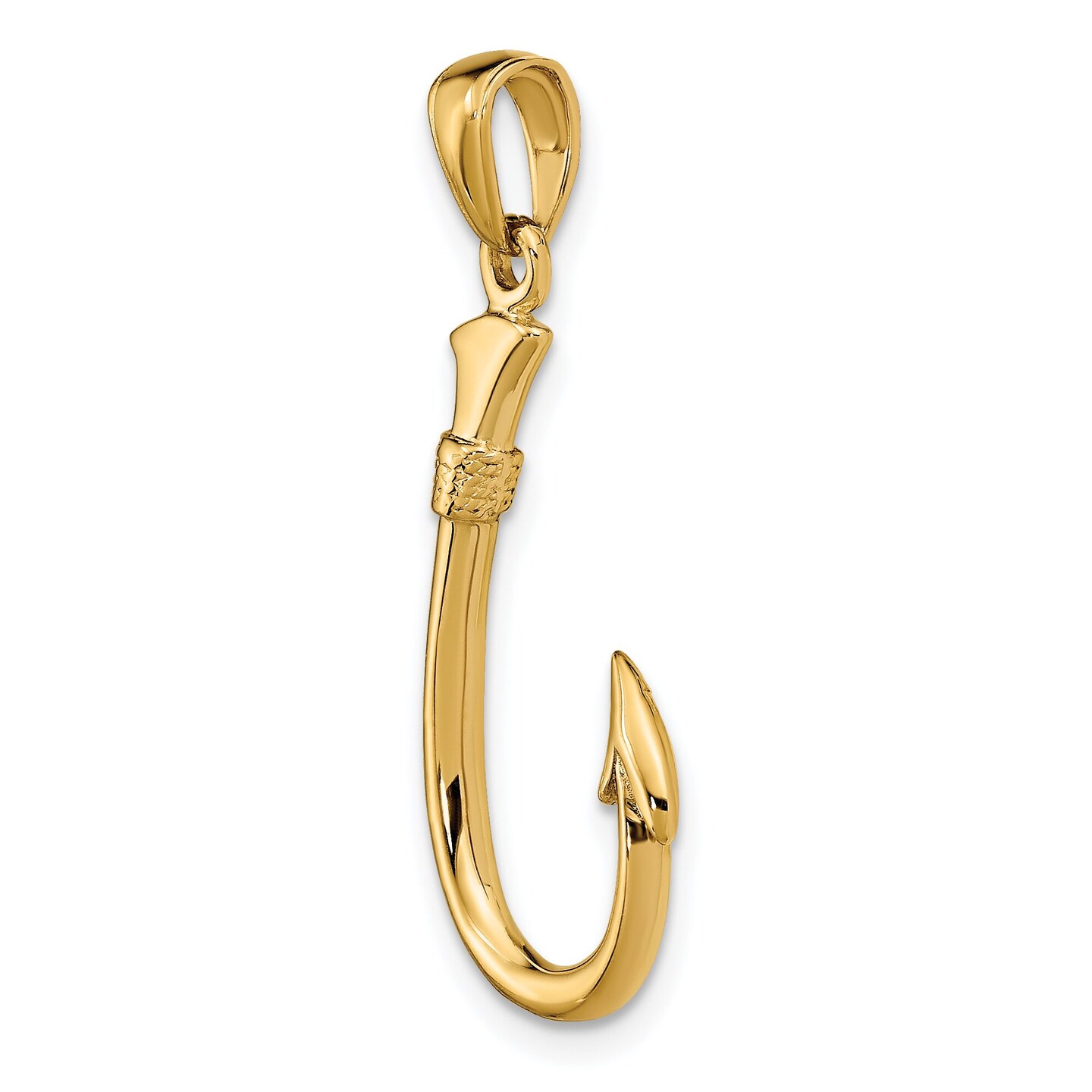 14K Yellow Gold 3D Fish Hook Charm Fishing Pendant Jewerly 33mm x 12mm
