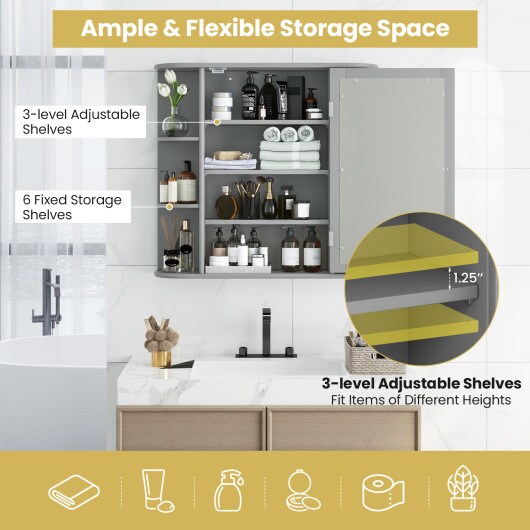 Wall Mounted Mirror Bathroom Storage Cabinet with 3 Adjustable Shelves and 6 Open Side Racks