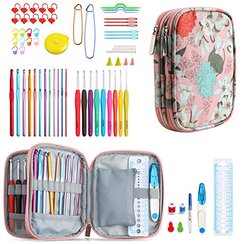 73-Piece Crochet Hooks Set with Case - Ergonomic Aluminum Alloy Colorful Needles for Making Socks, Gloves, Bags, Hats, and Sweaters