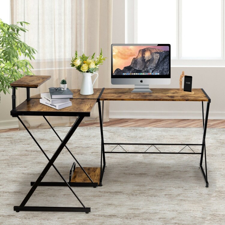 L-Shaped Desk Reversible Corner Computer Desk with Movable Shelf and CPU Stand