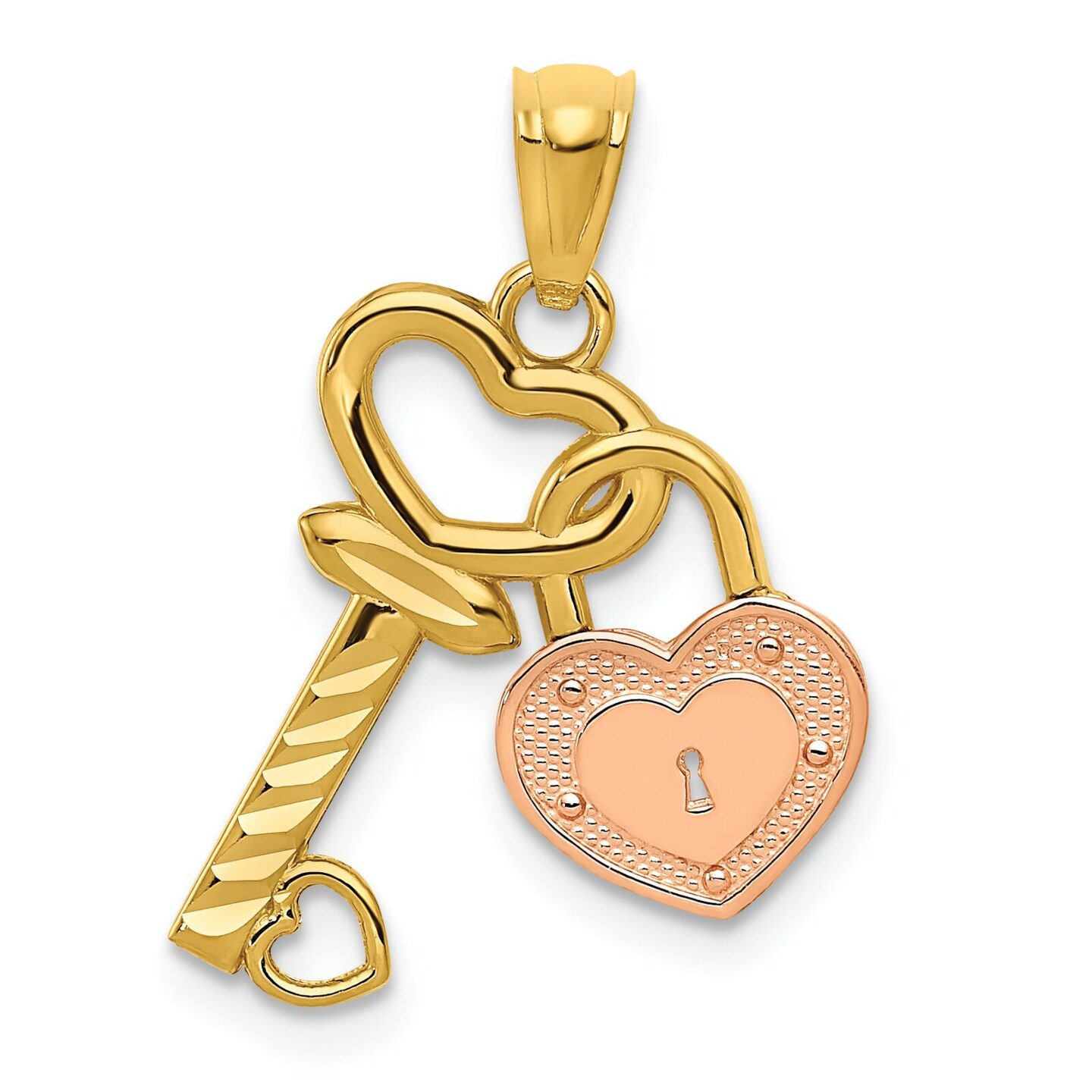 14K Two Tone Gold Heart Lock & Key Pendant Charm Jewelry 21 x 15 mm